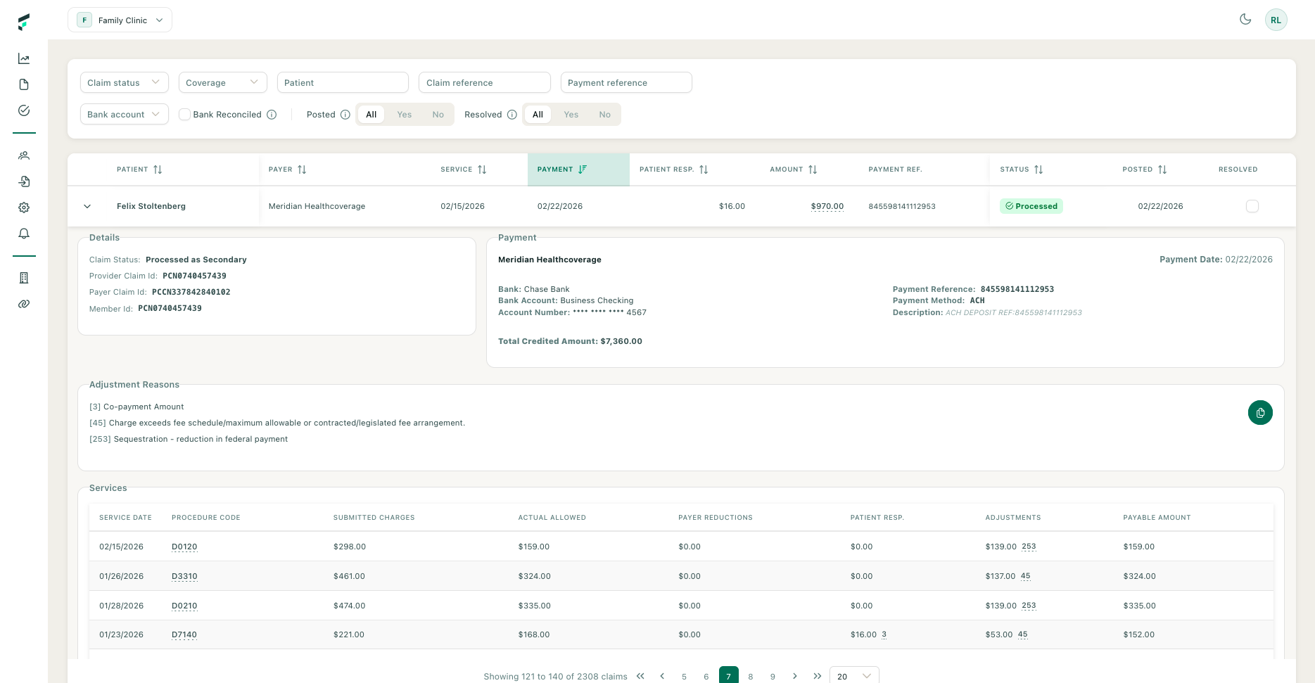 Fincura EFT enrollment detail view with payer deposit tracking and payment matching