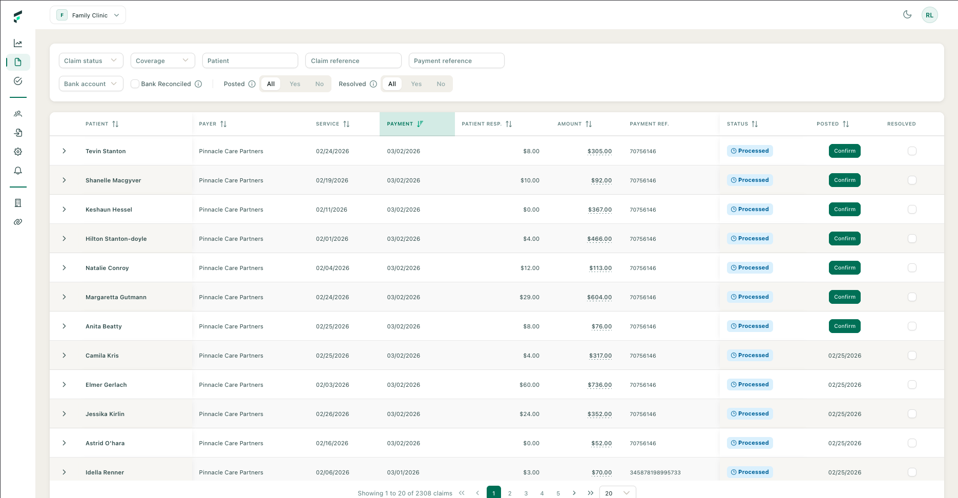 Fincura reconciliation view showing auto-matched claims with payment status and one-click posting